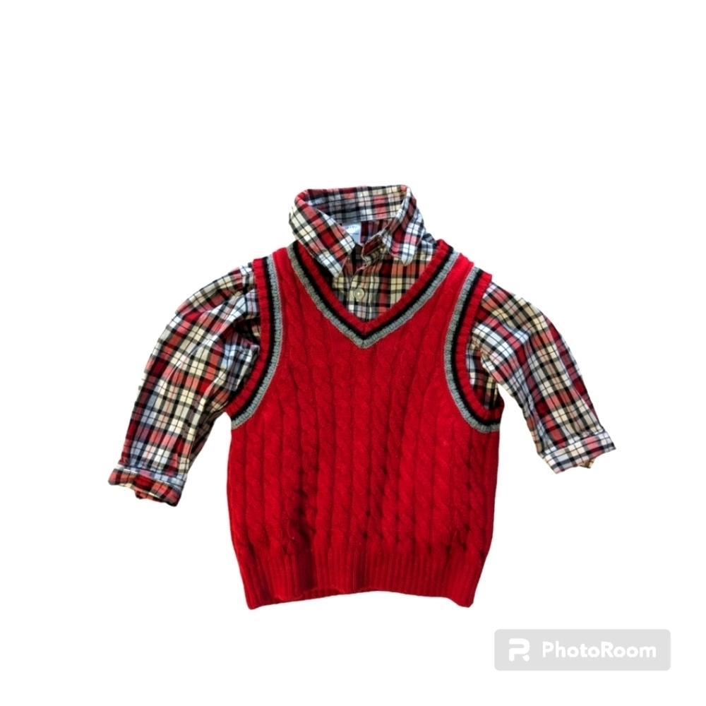 Baby Boy Plaid Shirt with Vest. 12-18 months. Red.